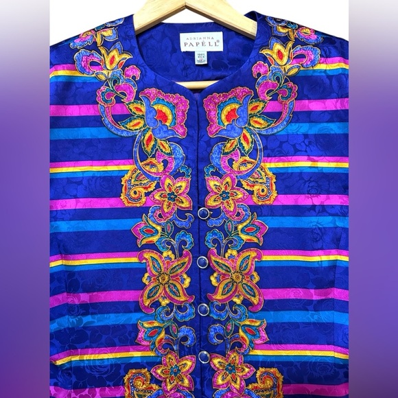 EXCELLENT Vintage Adrianna Papell Silk 2Piece Suit Blazer Skirt Stripe Floral 12 - Picture 7 of 13